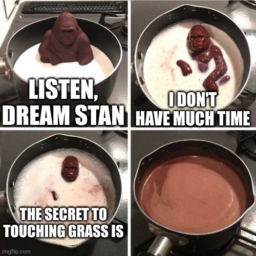 DREAM STANS NEED TO TOUCH GRASS NOW!!!!!!! |  LISTEN, DREAM STAN; I DON'T HAVE MUCH TIME; THE SECRET TO TOUCHING GRASS IS | image tagged in chocolate gorilla | made w/ Imgflip meme maker