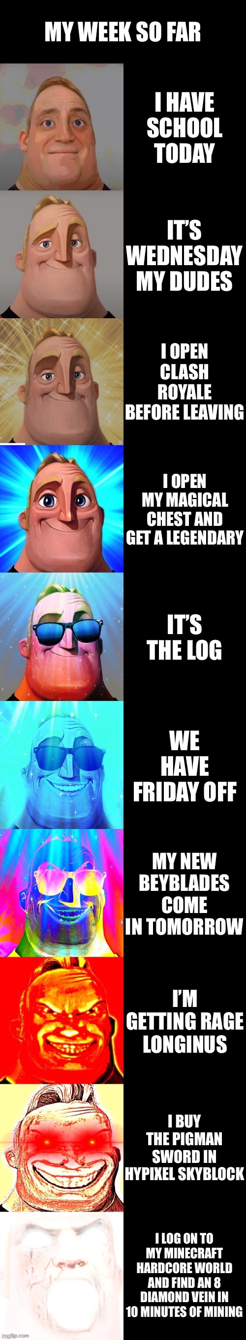 The last two may not happen but we can only dream | MY WEEK SO FAR; I HAVE SCHOOL TODAY; IT’S WEDNESDAY MY DUDES; I OPEN CLASH ROYALE BEFORE LEAVING; I OPEN MY MAGICAL CHEST AND GET A LEGENDARY; IT’S THE LOG; WE HAVE FRIDAY OFF; MY NEW BEYBLADES COME IN TOMORROW; I’M GETTING RAGE LONGINUS; I BUY THE PIGMAN SWORD IN HYPIXEL SKYBLOCK; I LOG ON TO MY MINECRAFT HARDCORE WORLD AND FIND AN 8 DIAMOND VEIN IN 10 MINUTES OF MINING | image tagged in mr incredible becoming canny | made w/ Imgflip meme maker