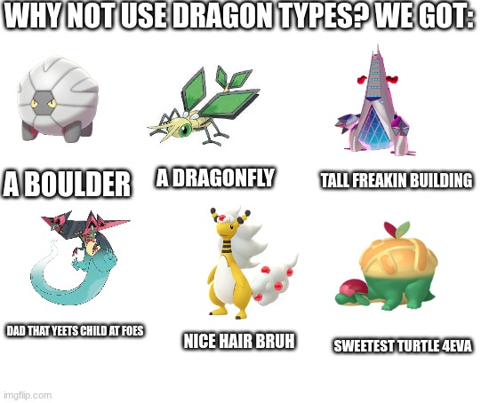 Blank White Template | WHY NOT USE DRAGON TYPES? WE GOT:; A DRAGONFLY; A BOULDER; TALL FREAKIN BUILDING; DAD THAT YEETS CHILD AT FOES; SWEETEST TURTLE 4EVA; NICE HAIR BRUH | image tagged in blank white template | made w/ Imgflip meme maker