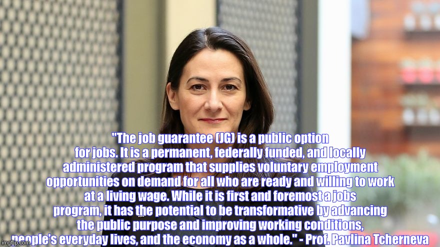 "The job guarantee (JG) is a public option for jobs. It is a permanent, federally funded, and locally administered program that supplies voluntary employment opportunities on demand for all who are ready and willing to work at a living wage. While it is first and foremost a jobs program, it has the potential to be transformative by advancing the public purpose and improving working conditions, people’s everyday lives, and the economy as a whole." - Prof. Pavlina Tcherneva | made w/ Imgflip meme maker