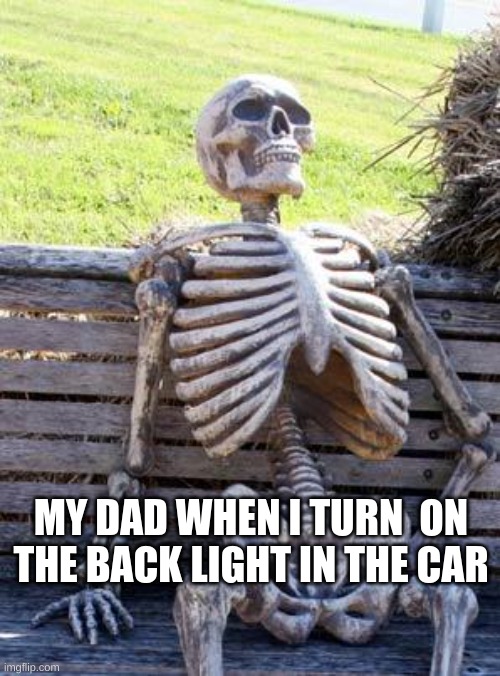 Waiting Skeleton | MY DAD WHEN I TURN  ON THE BACK LIGHT IN THE CAR | image tagged in memes,waiting skeleton | made w/ Imgflip meme maker