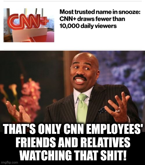 THAT'S ONLY CNN EMPLOYEES'
FRIENDS AND RELATIVES
WATCHING THAT SHIT! | image tagged in memes,steve harvey | made w/ Imgflip meme maker