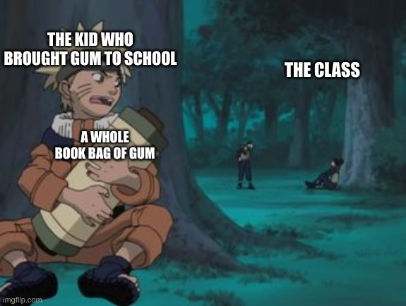 Naruto Hiding | THE KID WHO BROUGHT GUM TO SCHOOL; THE CLASS; A WHOLE BOOK BAG OF GUM | image tagged in naruto hiding | made w/ Imgflip meme maker
