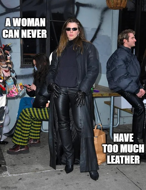 A Woman Can Never... | A WOMAN CAN NEVER; HAVE TOO MUCH LEATHER | image tagged in leather | made w/ Imgflip meme maker