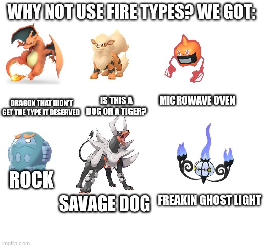 Blank White Template | WHY NOT USE FIRE TYPES? WE GOT:; DRAGON THAT DIDN'T GET THE TYPE IT DESERVED; IS THIS A DOG OR A TIGER? MICROWAVE OVEN; ROCK; FREAKIN GHOST LIGHT; SAVAGE DOG | image tagged in blank white template | made w/ Imgflip meme maker