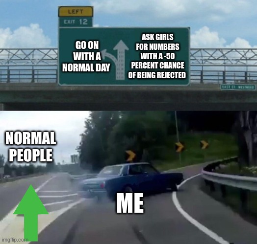 Car Drift Meme | ASK GIRLS FOR NUMBERS WITH A -50 PERCENT CHANCE OF BEING REJECTED; GO ON WITH A NORMAL DAY; NORMAL PEOPLE; ME | image tagged in car drift meme | made w/ Imgflip meme maker