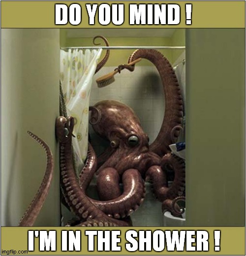 Embarrassing Interruption ! | DO YOU MIND ! I'M IN THE SHOWER ! | image tagged in octopus,showers,embarrassing,front page | made w/ Imgflip meme maker