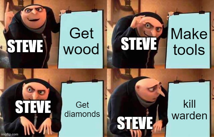 Minecraft plan | Get wood; Make tools; STEVE; STEVE; Get diamonds; kill warden; STEVE; STEVE | image tagged in memes,gru's plan | made w/ Imgflip meme maker