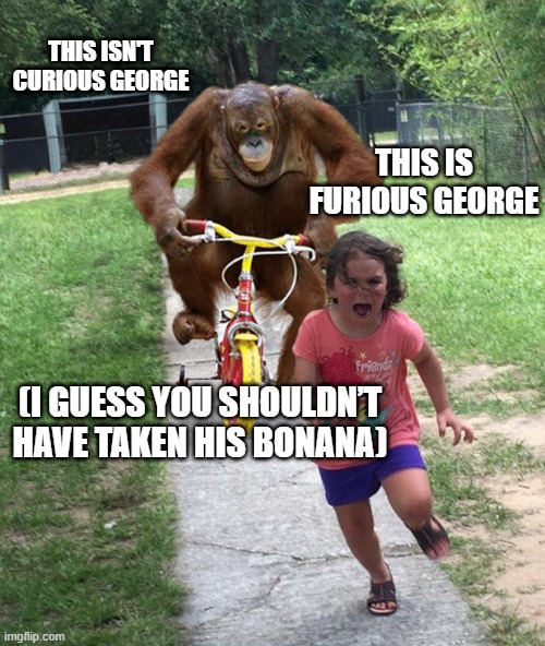 Furious George | THIS ISN'T CURIOUS GEORGE; THIS IS FURIOUS GEORGE; (I GUESS YOU SHOULDN’T HAVE TAKEN HIS BONANA) | image tagged in orangutan chasing girl on a tricycle,funny,funnymeme,funny memes,monkey | made w/ Imgflip meme maker