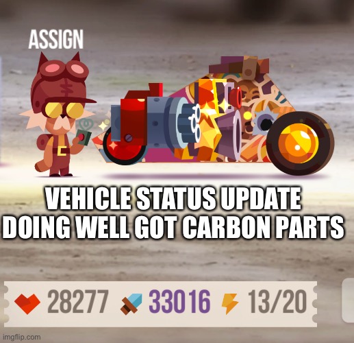 Update on c.a.t.s | VEHICLE STATUS UPDATE DOING WELL GOT CARBON PARTS | made w/ Imgflip meme maker