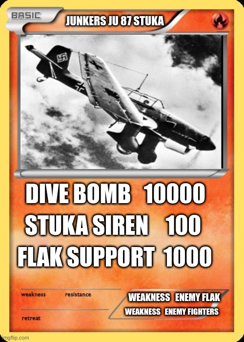 Blank Pokemon Card | JUNKERS JU 87 STUKA; DIVE BOMB   10000; STUKA SIREN    100; FLAK SUPPORT  1000; WEAKNESS   ENEMY FLAK; WEAKNESS   ENEMY FIGHTERS | image tagged in blank pokemon card | made w/ Imgflip meme maker