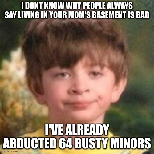 Annoyed face | I DONT KNOW WHY PEOPLE ALWAYS SAY LIVING IN YOUR MOM'S BASEMENT IS BAD; I'VE ALREADY ABDUCTED 64 BUSTY MINORS | image tagged in annoyed face | made w/ Imgflip meme maker