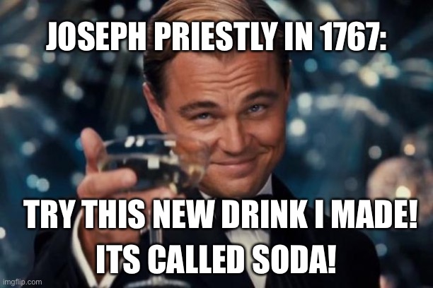 You guys call it coke? | JOSEPH PRIESTLY IN 1767:; TRY THIS NEW DRINK I MADE! ITS CALLED SODA! | image tagged in memes,leonardo dicaprio cheers | made w/ Imgflip meme maker