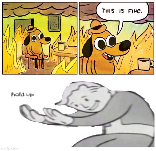 hold up. | image tagged in memes,this is fine,fallout hold up | made w/ Imgflip meme maker