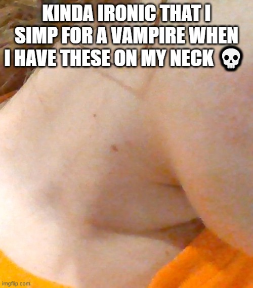 KINDA IRONIC THAT I SIMP FOR A VAMPIRE WHEN I HAVE THESE ON MY NECK 💀 | made w/ Imgflip meme maker