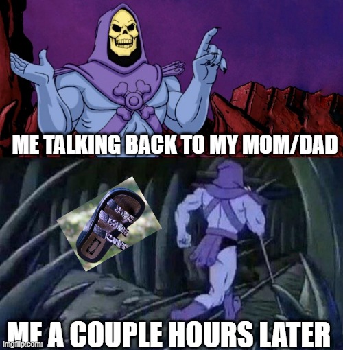he man skeleton advices | ME TALKING BACK TO MY MOM/DAD; ME A COUPLE HOURS LATER | image tagged in he man skeleton advices | made w/ Imgflip meme maker