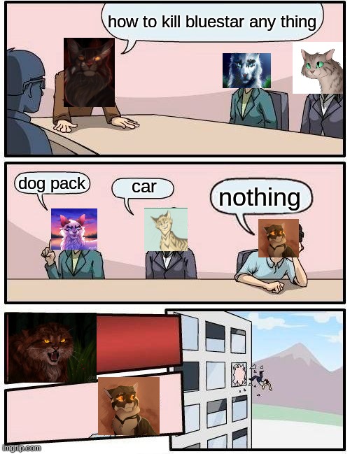 tigerstar | how to kill bluestar any thing; dog pack; car; nothing | image tagged in memes,boardroom meeting suggestion,warriors,warrior cats,cats,cat | made w/ Imgflip meme maker