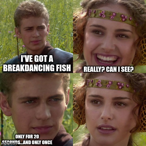 Dark Humor | I'VE GOT A BREAKDANCING FISH; REALLY? CAN I SEE? ONLY FOR 20 SECONDS...AND ONLY ONCE | image tagged in anakin padme 4 panel | made w/ Imgflip meme maker