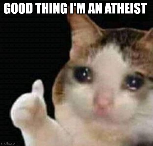 sad thumbs up cat | GOOD THING I'M AN ATHEIST | image tagged in sad thumbs up cat | made w/ Imgflip meme maker