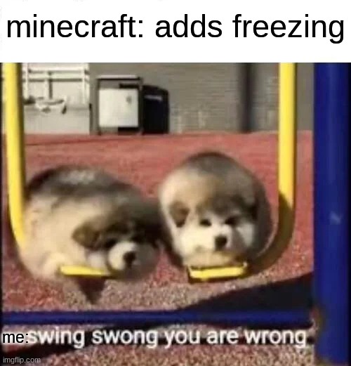 SWING SWONG YOU ARE WRONG | minecraft: adds freezing; me: | image tagged in swing swong you are wrong | made w/ Imgflip meme maker