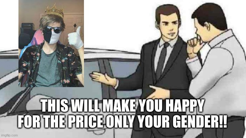 yes | THIS WILL MAKE YOU HAPPY FOR THE PRICE ONLY YOUR GENDER!! | image tagged in memes,car salesman slaps roof of car,ranboo | made w/ Imgflip meme maker