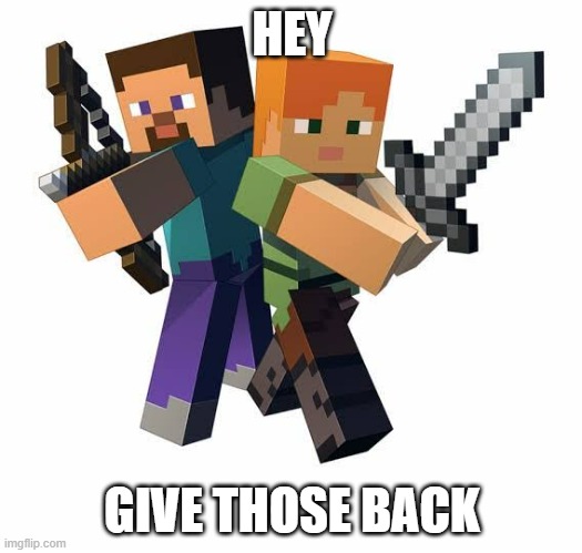 Minecraft steve and alex | HEY GIVE THOSE BACK | image tagged in minecraft steve and alex | made w/ Imgflip meme maker