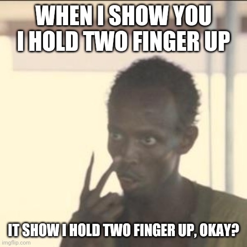 Look At Me Meme | WHEN I SHOW YOU I HOLD TWO FINGER UP; IT SHOW I HOLD TWO FINGER UP, OKAY? | image tagged in memes,look at me | made w/ Imgflip meme maker
