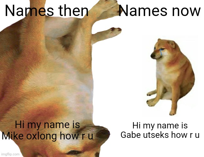 Names then; Names now; Hi my name is Mike oxlong how r u; Hi my name is Gabe utseks how r u | image tagged in buff doge vs cheems | made w/ Imgflip meme maker