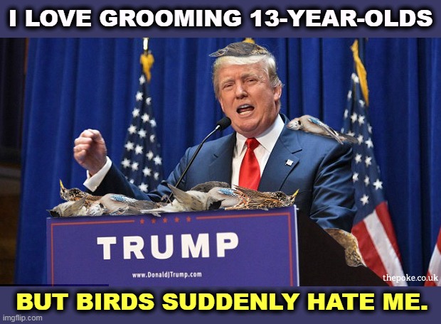 Better have that suit cleaned. | I LOVE GROOMING 13-YEAR-OLDS; BUT BIRDS SUDDENLY HATE ME. | image tagged in trump,qanon,groom,teenagers | made w/ Imgflip meme maker
