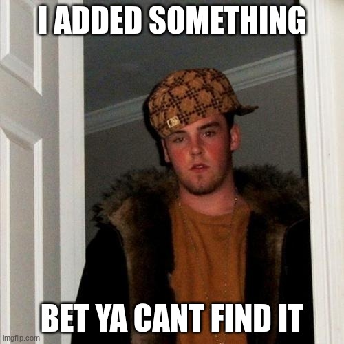 Scumbag Steve |  I ADDED SOMETHING; BET YA CANT FIND IT | image tagged in memes,scumbag steve | made w/ Imgflip meme maker
