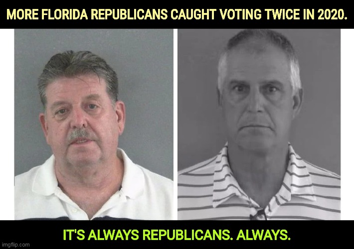 Two MORE Republicans! | MORE FLORIDA REPUBLICANS CAUGHT VOTING TWICE IN 2020. IT'S ALWAYS REPUBLICANS. ALWAYS. | image tagged in voter fraud,always,republicans,never,democrats | made w/ Imgflip meme maker