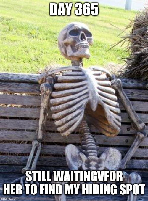 Waiting Skeleton Meme | DAY 365 STILL WAITINGVFOR HER TO FIND MY HIDING SPOT | image tagged in memes,waiting skeleton | made w/ Imgflip meme maker