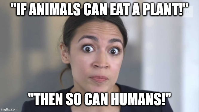 Crazy Alexandria Ocasio-Cortez | "IF ANIMALS CAN EAT A PLANT!" "THEN SO CAN HUMANS!" | image tagged in crazy alexandria ocasio-cortez | made w/ Imgflip meme maker