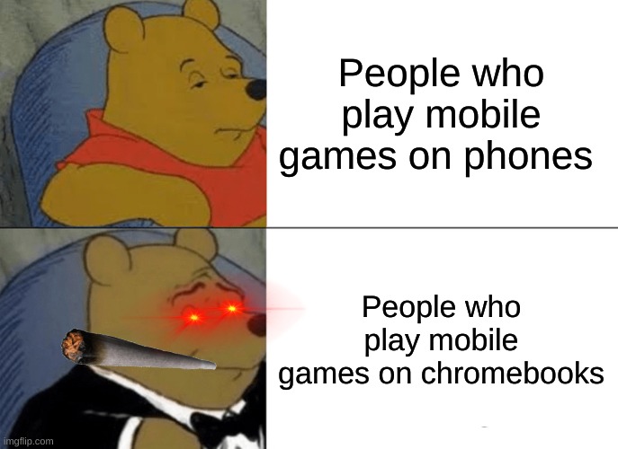 Winnie the pooh | People who play mobile games on phones; People who play mobile games on chromebooks | image tagged in memes,tuxedo winnie the pooh | made w/ Imgflip meme maker