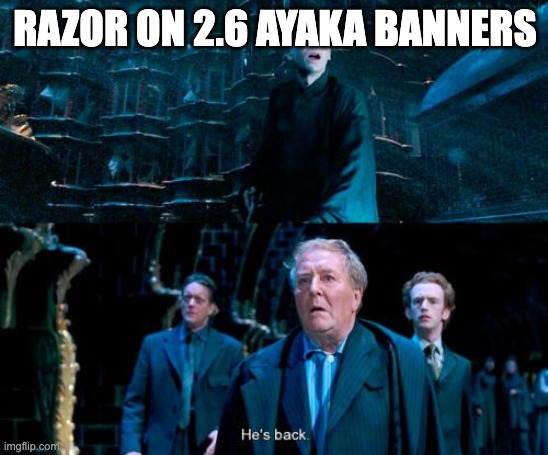 Where is the unseen razor | RAZOR ON 2.6 AYAKA BANNERS | image tagged in he's back,dog | made w/ Imgflip meme maker
