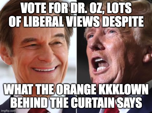 Dr oz supports trans kids and abortions till the orange kkklown comes along | VOTE FOR DR. OZ, LOTS OF LIBERAL VIEWS DESPITE; WHAT THE ORANGE KKKLOWN BEHIND THE CURTAIN SAYS | image tagged in neo-nazis,donald trump is an idiot,donald trump the clown | made w/ Imgflip meme maker