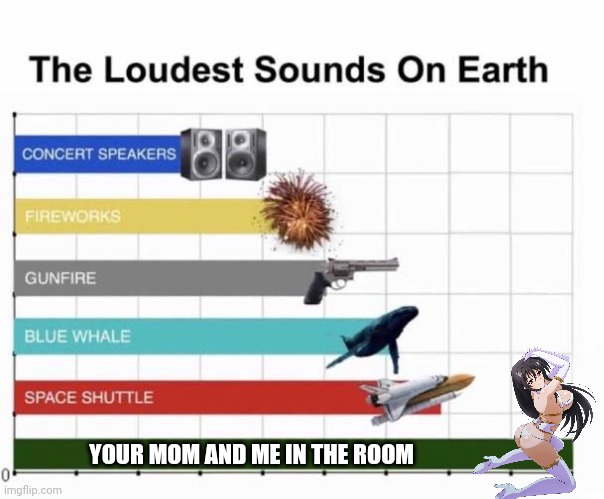 The Loudest Sounds on Earth |  YOUR MOM AND ME IN THE ROOM | image tagged in the loudest sounds on earth | made w/ Imgflip meme maker