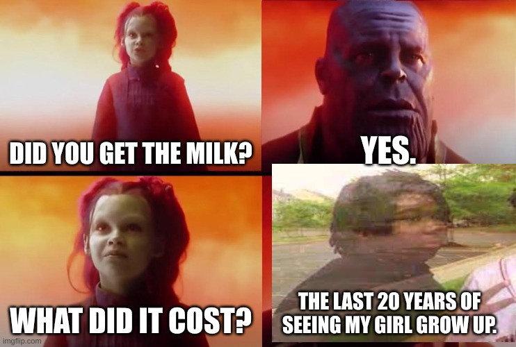 the milk cost so much | DID YOU GET THE MILK? YES. WHAT DID IT COST? THE LAST 20 YEARS OF SEEING MY GIRL GROW UP. | image tagged in thanos what did it cost,memes | made w/ Imgflip meme maker