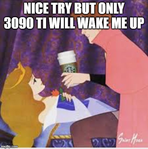 Sleeping beauty loves coffee | NICE TRY BUT ONLY 3090 TI WILL WAKE ME UP | image tagged in sleeping beauty loves coffee | made w/ Imgflip meme maker