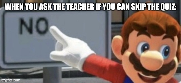 You need quizzes. |  WHEN YOU ASK THE TEACHER IF YOU CAN SKIP THE QUIZ: | image tagged in mario no sign,quizzes | made w/ Imgflip meme maker