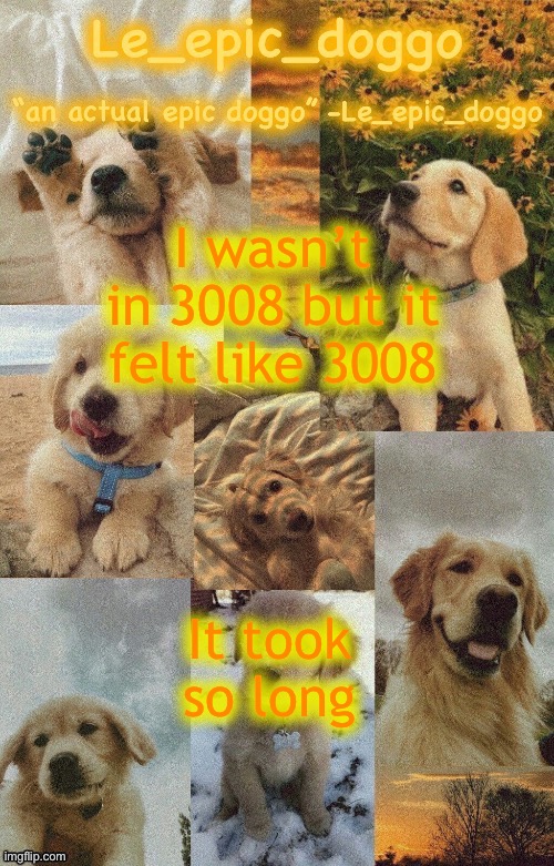 Doggo temp by doggo. Wait what that’s confusing | I wasn’t in 3008 but it felt like 3008; It took so long | image tagged in doggo temp by doggo wait what that s confusing | made w/ Imgflip meme maker