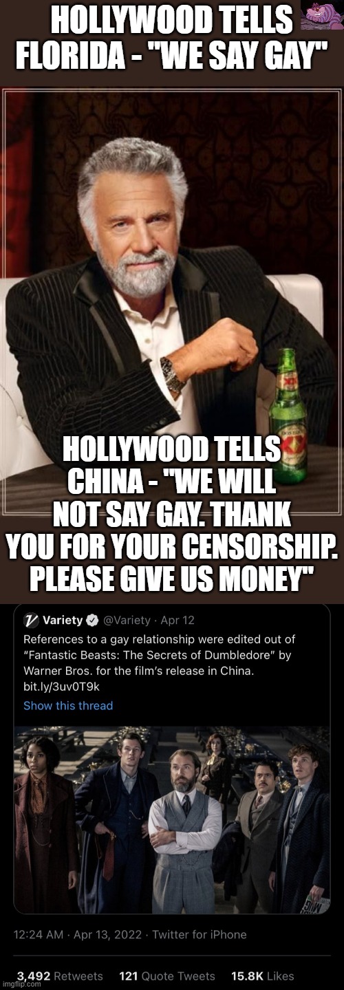 More Liberal hypocrisy. | HOLLYWOOD TELLS FLORIDA - "WE SAY GAY"; HOLLYWOOD TELLS CHINA - "WE WILL NOT SAY GAY. THANK YOU FOR YOUR CENSORSHIP. PLEASE GIVE US MONEY" | image tagged in memes,the most interesting man in the world | made w/ Imgflip meme maker