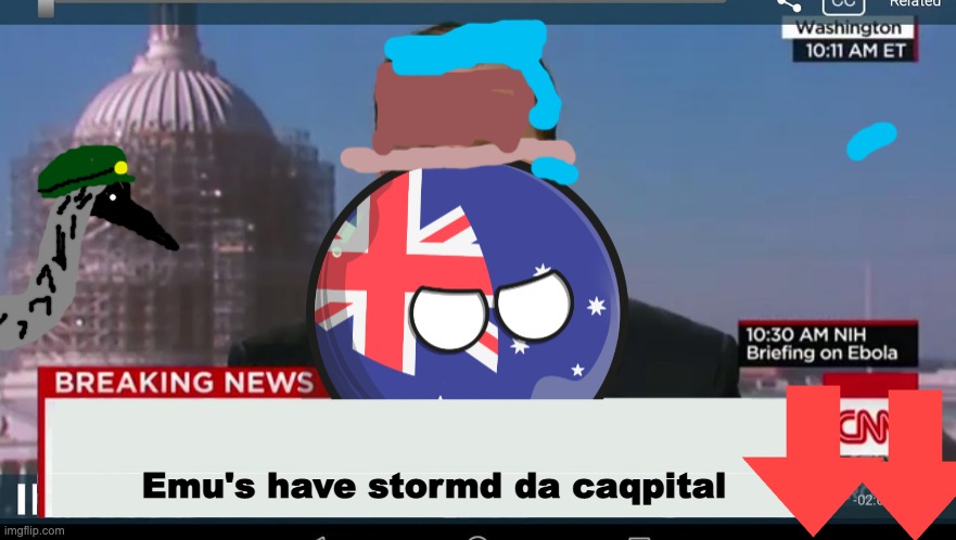 Australiaball News | Emu's have stormd da caqpital | image tagged in australiaball news | made w/ Imgflip meme maker