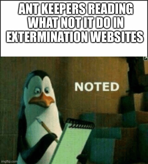 I am an ant keeper and do what they say not to do to attack ants | ANT KEEPERS READING WHAT NOT IT DO IN EXTERMINATION WEBSITES | image tagged in plain white,noted | made w/ Imgflip meme maker