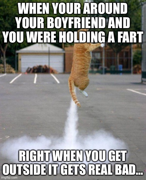 … | WHEN YOUR AROUND YOUR BOYFRIEND AND YOU WERE HOLDING A FART; RIGHT WHEN YOU GET OUTSIDE IT GETS REAL BAD… | image tagged in rocket cat | made w/ Imgflip meme maker