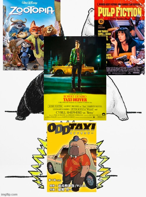 Forgot to put Taxi Driver in the original one. Now it can go to the furries section! | image tagged in pulp fiction,zootopia,anthro,manga,taxi driver,anime | made w/ Imgflip meme maker