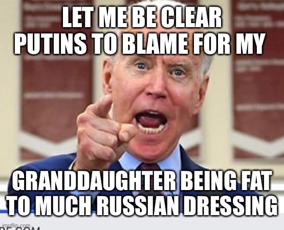 Joe Biden no malarkey | LET ME BE CLEAR PUTINS TO BLAME FOR MY; GRANDDAUGHTER BEING FAT
TO MUCH RUSSIAN DRESSING | image tagged in joe biden no malarkey | made w/ Imgflip meme maker