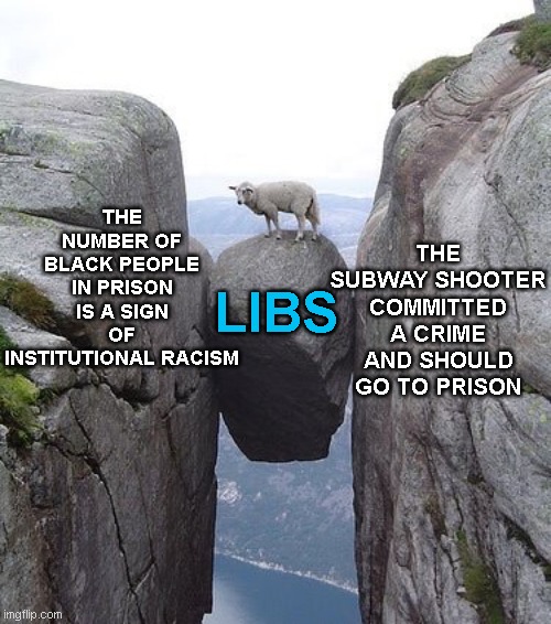 if he goes to prison then thats more blacks incarcerated ..but if crime=prison then incarceration demographics arent racist | THE SUBWAY SHOOTER COMMITTED A CRIME AND SHOULD GO TO PRISON; THE NUMBER OF BLACK PEOPLE IN PRISON IS A SIGN OF INSTITUTIONAL RACISM; LIBS | image tagged in between a rock and a hard place | made w/ Imgflip meme maker