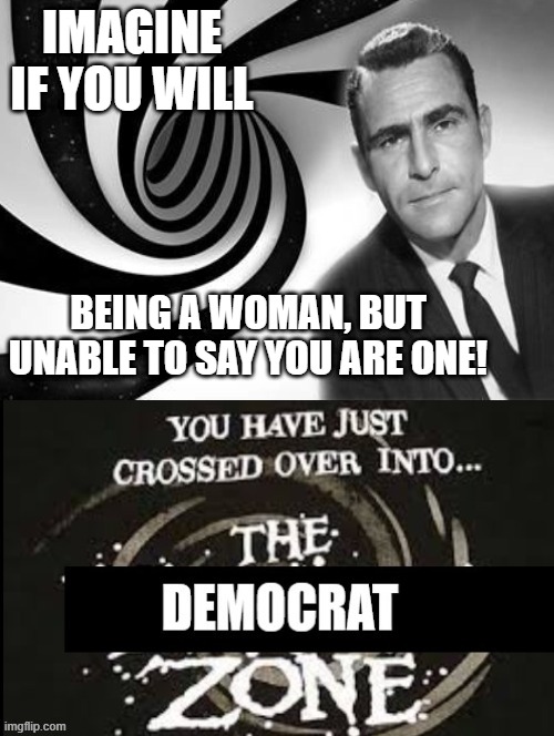 IMAGINE A WORLD RUN BY PSYCHOPATHS. (^～^;)ゞ | IMAGINE IF YOU WILL; BEING A WOMAN, BUT UNABLE TO SAY YOU ARE ONE! | image tagged in the democrat zone,political meme,gender confusion,pronouns,man and woman | made w/ Imgflip meme maker