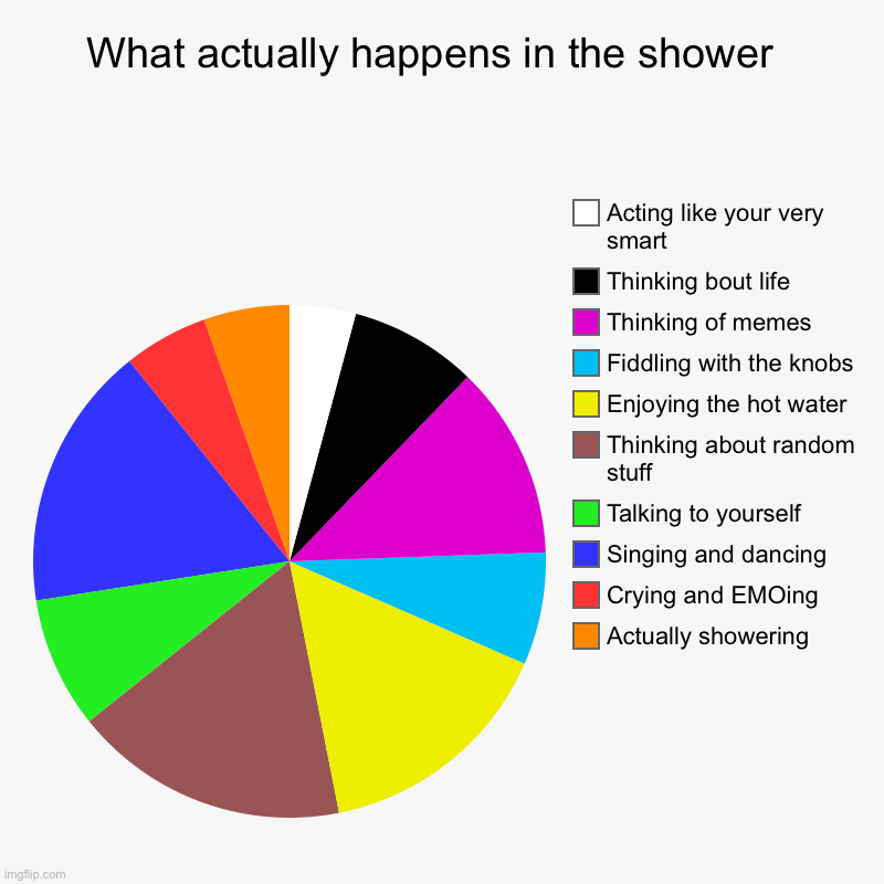 Shower | What actually happens in the shower  | Actually showering, Crying and EMOing, Singing and dancing, Talking to yourself, Thinking about rando | image tagged in charts,pie charts | made w/ Imgflip chart maker